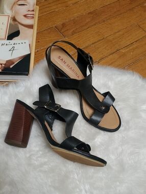 San Marina Vetrina Noir Leather Cross-Strap Sandals with Stacked Block Heel